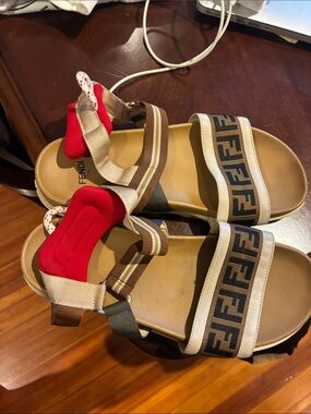 Fendi Beige, Brown & Red FF Logo Strap Sandals